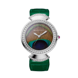 Divas’ Dream watch with mechanical manufacture movement, automatic winding, 18 kt white gold case and links set with brilliant-cut diamonds, natural peacock-feather dial and green alligator bracelet. Water-resistant up to 30 metres. Limited Edition of 25 pieces. 103885 image 1