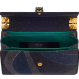 Serpenti Forever large shoulder bag in blue Patch Denim with emerald green nappa leather lining. Captivating snakehead magnetic closure in gold-plated brass embellished with black enamel and gold-plated brass scales, and black onyx eyes. 293464 image 4