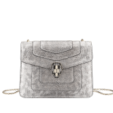 Serpenti Forever small crossbody bag in milky opal beige metallic karung skin with milky opal beige nappa leather lining. Captivating snakehead closure in light gold-plated brass embellished with black and glitter milky opal beige enamel scales and black onyx eyes. 422-MK image 1
