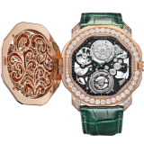 Octo Roma Secret Watch Barocko with mechanical manufacture ultra-thin skeletonised movement with manual winding, flying tourbillon, 18 kt rose gold case and cover set with diamonds, sapphires, emeralds and Paraiba tourmalines, and green alligator bracelet. Water-resistant up to 30 metres 103857 image 3