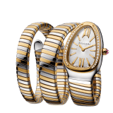 Serpenti Tubogas double-spiral watch in 18 kt yellow gold and stainless steel with diamond-set bezel and silver opaline dial with guilloché soleil treatment. Water-resistant up to 30 meters 103797 image 3