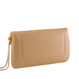 Serpenti Reverse soft envelope chain pouch in Sahara amber light brown quilted Metropolitan calf leather with taffy quartz pink nappa leather interior. Captivating snakehead magnetic closure in gold-plated brass embellished with red enamel eyes. SRV-CHAINCLUTCH image 3