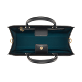 Bulgari Logo medium tote bag in black calf leather with hot-stamped Infinitum pattern on the main body and teal topaz green grosgrain lining. Light gold-plated brass hardware and magnet closure. BVL-1251M-ICL image 3