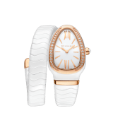Serpenti Spiga single spiral watch with white ceramic case, 18 kt rose gold bezel set with brilliant cut diamonds, white lacquered dial, white ceramic bracelet with 18 kt rose gold elements. 102613 image 1