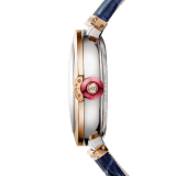 LVCEA Skeleton watch with mechanical manufacture movement, automatic winding and skeleton execution, stainless steel and 18 kt rose gold case, 18 kt rose gold openwork BVLGARI logo dial set with brilliant-cut diamonds and blue alligator bracelet with 18 kt rose gold links set with diamonds 103502 image 3