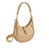 Serpenti Ellipse small crossbody bag in Urban grain and smooth ivory opal calf leather with flamingo quartz pink grosgrain lining. Captivating snakehead closure in gold-plated brass embellished with black onyx scales and red enamel eyes. 1204-UCL image 2