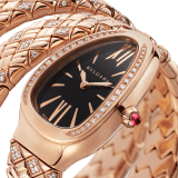 Serpenti Spiga Lady watch with quartz movement, 35 mm 18 kt rose gold case set with diamonds, 18 kt rose gold crown set with a cabochon-cut rubellite, black dial and double-spiral 18 kt rose gold bracelet set with diamonds. Quartz movement, hours, minutes functions. Size S-135 mm SERPENTI-SPIGA-2TBLACKDIALDIAM image 3