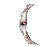 Serpenti Tubogas Lady watch, 35 mm stainless steel curved case, 18 kt rose gold bezel set with diamonds, 18 kt rose gold crown set with a cabochon-cut rubellite, silver opaline dial with guilloché soleil treatment, double spiral bracelet in stainless steel and 18 kt rose gold. Quartz movement, hours and minutes functions. Water proof 30 m. 103149 image 3