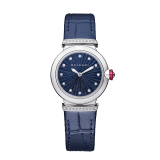 LVCEA watch with stainless steel case, stainless steel links set with brilliant-cut diamonds, blue aventurine marquetry dial, 12 diamond indexes and blue alligator bracelet. Water-resistant up to 50 metres. 103617 image 1