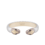 Serpenti Forever bangle bracelet in light gold-plated brass with silver molten karung inserts. Captivating contraire snakehead motif embellished with brushed gray enamel, light gold-plated brass scales, and black enamel eyes. BRACLT-SP-CONTR-ExLG image 1