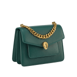 Serpenti Forever Maxi Chain small crossbody bag in flash diamond white grained calf leather with foggy opal gray nappa leather lining. Captivating snakehead magnetic closure in gold-plated brass embellished with white mother-of-pearl scales and red enamel eyes. 1134-MCGC image 2