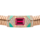 Bvlgari Tubogas 18 kt rose gold necklace set with a central rubellite, chrysoprase inserts and pavé diamonds CL860177 image 3