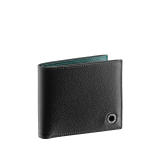 "BVLGARI BVLGARI" men's compact wallet in black and Forest Emerald green "Urban" grain calf leather. Iconic logo embellishment in dark ruthenium-plated brass with black enamelling. BBM-WLT2FASYM image 1