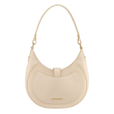 Serpenti Ellipse medium shoulder bag in Urban grain and smooth ivory opal calf leather with flamingo quartz pink grosgrain lining. Captivating snakehead closure in gold-plated brass embellished with black onyx scales and red enamel eyes. 1190-UCL image 6