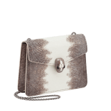 Serpenti Forever small crossbody bag in white agate shiny lizard skin with beige and grey shades, and with caramel topaz beige nappa leather lining. Captivating snakehead closure in dark ruthenium-plated brass embellished with brown-green and ivory opal enamel scales and black onyx eyes. 422-L image 2