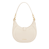 Serpenti Ellipse medium shoulder bag in Urban grain and smooth ivory opal calf leather with flamingo quartz pink gros grain lining. Captivating snakehead closure in gold-plated brass embellished with black onyx scales and red enamel eyes. 1190-UCL image 5