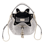 Serpenti Forever small bucket bag in milky opal beige metallic karung skin with milky opal beige nappa leather lining. Captivating snakehead closure in light gold-plated brass embellished with black and glitter milky opal beige enamel scales and black onyx eyes. 934-MK image 4
