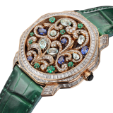 Octo Roma Secret Watch Barocko with mechanical manufacture ultra-thin skeletonised movement with manual winding, flying tourbillon, 18 kt rose gold case and cover set with diamonds, sapphires, emeralds and Paraiba tourmalines, and green alligator bracelet. Water-resistant up to 30 metres 103857 image 2