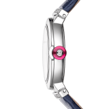 LVCEA Lady Watch , 28 mm stainless steel case and crown with a synthetic cabochon-cut rubellite and 1 round diamond. Blue aventurine dial intarsio marquetery with 12 round brilliant cut diamonds indexes. Quartz movement, B043 caliber customized and decorated with Bulgari logo hours minutes functions. Blue alligator strap with stitches links to the case set with diamonds and steel ardillon buckle. T Water proof 50 m. 103617 image 3