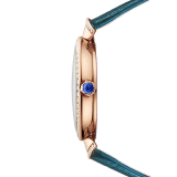 DIVAS' DREAM watch in 18 kt rose gold with brilliant-cut diamonds set on the bezel and the links, natural peacock-feather dial and green alligator bracelet. Water resistant up to 30 meters 103767 image 3