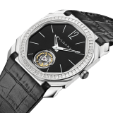 Octo Finissimo Tourbillon Limited Edition watch with extra thin mechanical manufacture movement and manual winding, platinum case, bezel set with baguette-cut diamonds, black lacquered dial with tourbillon see-through opening and black alligator bracelet. 102401 image 2