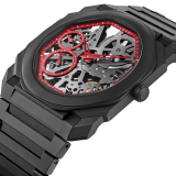 Octo Finissimo Skeleton Limited Edition watch with extra-thin skeletonised mechanical manufacture movement, manual winding, small seconds and power reserve indications, 40 mm extra-thin case and bracelet in sandblasted black ceramic, skeletonised dial, openwork counters with red outline and transparent caseback. Water-resistant up to 30 metres 103527 image 2