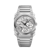 Octo Finissimo Automatic Uhr mit extraflachem mechanischen Manufakturwerk (2,23 mm hoch), Automatikaufzug, 40 mm Gehäuse und Armband aus seidenmattem Edelstahl sowie strichmattiertem Zifferblatt aus rhodiniertem Messing mit Entwurf des Uhrwerks. Wasserdicht bis 100 Meter. Special Edition von 280 Exemplaren 104163 image 1