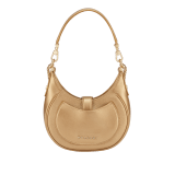 Serpenti Ellipse small crossbody bag in Urban grain and smooth ivory opal calf leather with flamingo quartz pink grosgrain lining. Captivating snakehead closure in gold-plated brass embellished with black onyx scales and red enamel eyes. 1204-UCL image 3