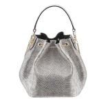 Serpenti Forever small bucket bag in milky opal beige metallic karung skin with milky opal beige nappa leather lining. Captivating snakehead closure in light gold-plated brass embellished with black and glitter milky opal beige enamel scales and black onyx eyes. 934-MK image 3