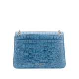 Serpenti Forever shoulder bag in Niagara sapphire blue Cloudy alligator skin with black nappa leather lining. Captivating snakehead closure in light gold-plated brass embellished with black enamel scales, blue jade scales in the centre and black onyx eyes. 1140HE-A image 3
