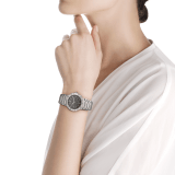 BVLGARI BVLGARI LADY watch quartz movement, 33 mm stainless steel case, 41 mm stainless steel case and bezel with double logo, stainless steel crown with synthetic cab cut rubellite, black lacquered dial, stainless steel bracelet and folding clasp. Hours, minutes functions. water proof 30m. 102922 image 3