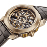 Octo Roma Naturalia watch with mechanical manufacture movement, manual winding and flying tourbillon, satin-polished 18 kt rose gold case, tiger's eye middle case, caliber and bar-indexes, transparent case back and brown alligator bracelet. Water-resistant up to 50 meters. 103675 image 2