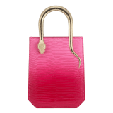 Serpentine mini tote bag in beetroot spinel fuchsia degradé lizard skin with azalea quartz pink nappa leather lining. Captivating snake body-shaped handles in light gold-plated brass embellished with engraved scales and red enamel eyes. SRN-1223-LD image 1