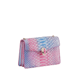 Serpenti Forever mini crossbody bag in multicolour Spring Shade python skin with azalea quartz pink nappa leather lining. Captivating magnetic snakehead closure in light gold-plated brass embellished with ivory opal and azalea quartz pink enamel scales and black onyx eyes. 292137 image 2