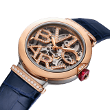 LVCEA Skeleton watch with mechanical manufacture movement, automatic winding and skeleton execution, stainless steel and 18 kt rose gold case, 18 kt rose gold openwork BVLGARI logo dial set with brilliant-cut diamonds and blue alligator bracelet with 18 kt rose gold links set with diamonds 103502 image 2