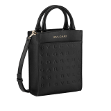 Bulgari Logo mini tote bag in black calf leather with hot-stamped Infinitum pattern and teal topaz green grosgrain lining. Light gold-plated brass hardware. BVL-1228S-ICLa image 2