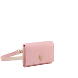 Serpenti Forever crossbody card holder in primrose quartz pink Metropolitan calf leather with flamingo quartz pink, primrose quartz pink and ivory opal nappa leather side details, and black moiré lining. Captivating magnetic snakehead closure in light gold-plated brass embellished with red enamel eyes. 292837 image 1