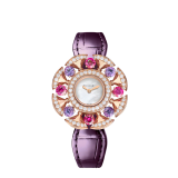 DIVAS' DREAM watch with 18 kt rose gold case set with round brilliant-cut diamonds, amethysts and tourmaliness, white mother-of-pearl dial and purple alligator bracelet. Water resistant up to 30 metres 103753 image 2