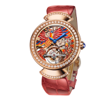 Divina Tourbillon Phoenix Limited Edition watch with mechanical manufacture movement, manual winding, see-through tourbillon, 18 kt rose gold case set with brilliant-cut diamonds, skeletonized dial decorated with hand painted miniature motifs of a phoenix and flames, and red alligator bracelet 102947 image 1