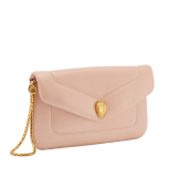 Serpenti Reverse soft envelope chain pouch in Sahara amber light brown quilted Metropolitan calf leather with taffy quartz pink nappa leather interior. Captivating snakehead magnetic closure in gold-plated brass embellished with red enamel eyes. SRV-CHAINCLUTCH image 1
