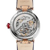 LVCEA Skeleton watch with mechanical manufacture movement, automatic winding and skeleton execution, stainless steel and 18 kt rose gold case, 18 kt rose gold openwork BVLGARI logo dial set with brilliant-cut diamonds and blue alligator bracelet with 18 kt rose gold links set with diamonds 103502 image 4