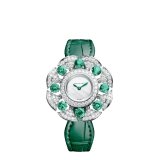 DIVAS' DREAM Divissima High Jewellery watch with 18 kt white gold case and mobile petals set with 8 brilliant-cut emeralds and round brilliant-cut diamonds, mother-of-pearl dial, and green alligator bracelet. Water-resistant up to 30 metres 103505 image 1