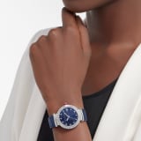 LVCEA watch with stainless steel case set with brilliant-cut diamonds, blue aventurine marquetry dial, 11 diamond indexes and blue alligator bracelet. Water-resistant up to 50 meters. 103620 image 1