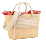 Bulgari Logo medium tote bag in beige raffia with ivory opal calf leather details, beige raffia fringes and beetroot spinel fuchsia nappa leather lining. Iconic Bulgari logo stitched motif, detachable satin satchel with multicolored print outside and beetroot spinel fuchsia inside, and drawstring closure with captivating snakeheads in light gold-plated brass. 292073 image 2
