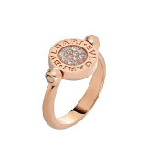 Grown from the Roman roots of the brand into an elegant fusion of culture and modernity, the BVLGARI BVLGARI ring is an effervescent, contemporary statement of classiness. The trademark double logo was initially inspired by the curved inscriptions on ancient coins, whilst today it has evolved into playful interpretations, framing multicoloured hard gemstones and pavé diamonds in one single jewel for a double wearability. <br> BVLGARI BVLGARI 18 kt rose gold flip ring with jade and pavé diamonds. AN859222 image 3