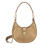 Serpenti Ellipse small crossbody bag in Urban grain and smooth ivory opal calf leather with flamingo quartz pink grosgrain lining. Captivating snakehead closure in gold-plated brass embellished with black onyx scales and red enamel eyes. 1204-UCL image 9
