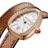 Serpenti watch with 18 kt rose gold case set with brilliant cut diamonds, white mother-of-pearl dial and interchangeable double spiral bracelet in brown karung leather. 102727 image 3