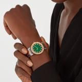 BVLGARI BVLGARI LADY watch with quartz movement, 33 mm 18 kt rose gold and stainless steel case, 18 kt rose gold crown set with a pink cabochon-cut stone, 18 kt rose gold bezel engraved with double logo, green satiné soleil lacquered dial, diamond indexes, stainless steel and 18 kt rose gold bracelet with folding buckle. Water-resistant up to 30 meters. 103202 image 1