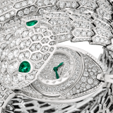 Serpenti Misteriosi High Jewellery watch with mechanical manufacture micro-movement with manual winding, 18 kt white gold case and bracelet set with diamonds and emerald eyes, and pavé-set diamond dial 103795 image 2