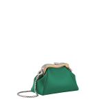 Serpentine micro pouch bag in smooth emerald green calf leather with amethyst purple nappa leather lining. Captivating snake body-shaped frame in light gold-plated brass embellished with engraved scales and red enamel eyes on one side and an emerald green smooth calf leather insert on the other, with press-stud closure. SEA-NANOSERPENTIN image 1